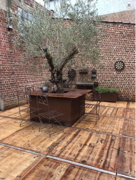 Terrasse en grands panneaux de bois avec un olivier au centre